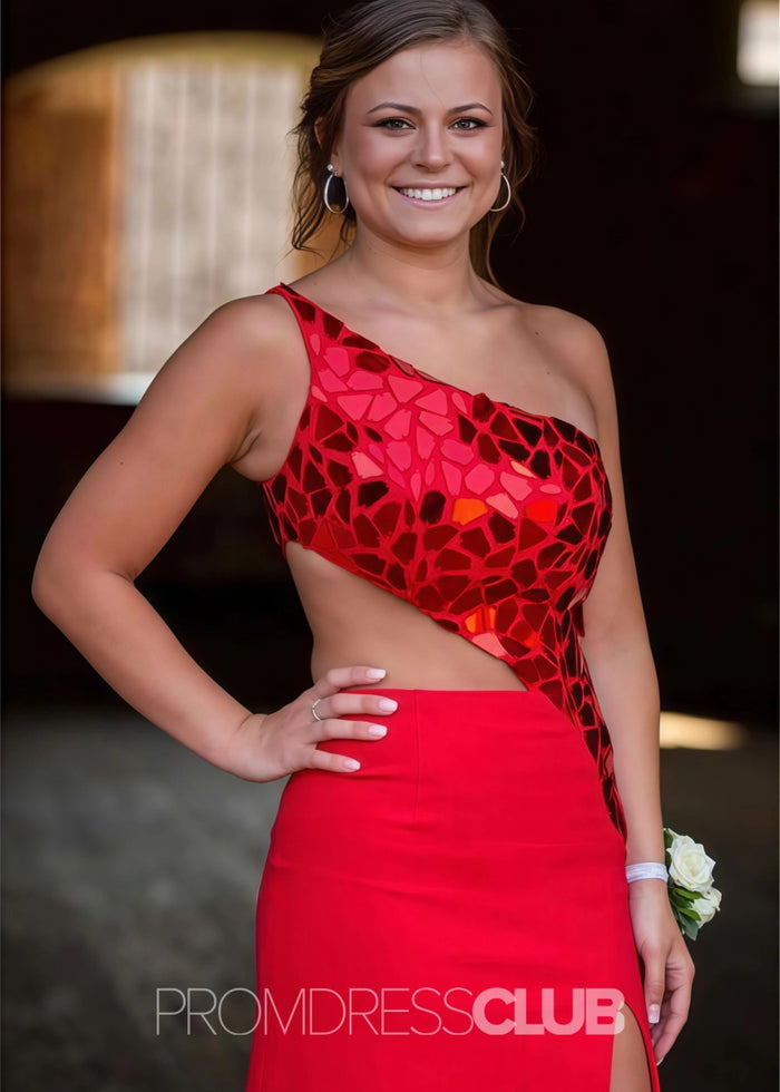 Doreen |Plus Size Black Prom Dress With Long Mermaid Sheath One Shoulder Cut Mirror Sequins - Red - PromDressClub