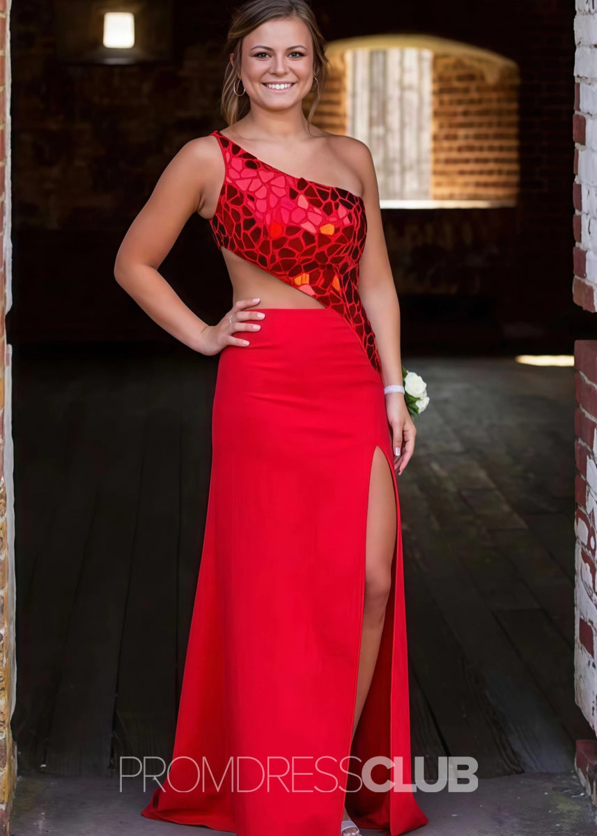 Doreen |Plus Size Black Prom Dress With Long Mermaid Sheath One Shoulder Cut Mirror Sequins - Red - PromDressClub