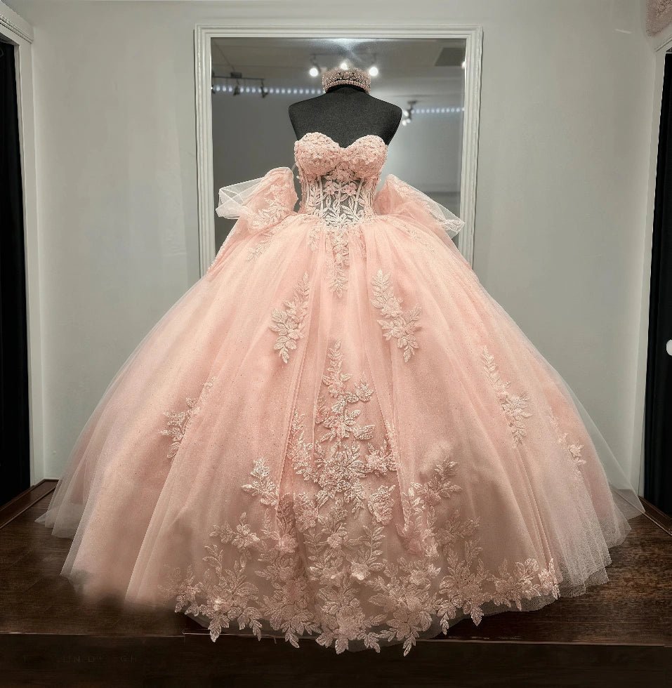 Doris | Gorgeous Pink Beaded Quinceanera Dresses with Bow - Exquisite and Sparkling for Memorable Celebrations - Pink - PromDressClub
