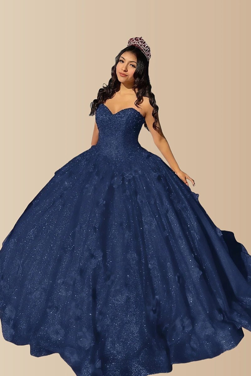 Dorothy | Gorgeous Glitter Red 3D Flower Quinceanera Dresses - Available in Fuchsia, Navy Blue, Royal Blue & Black! - Navy Blue - PromDressClub