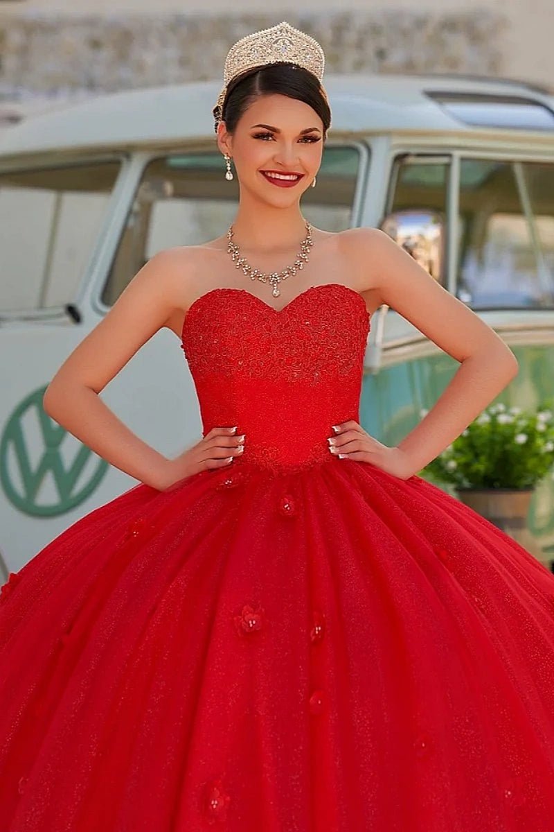 Dorothy | Gorgeous Glitter Red 3D Flower Quinceanera Dresses - Available in Fuchsia, Navy Blue, Royal Blue & Black! - Red - PromDressClub