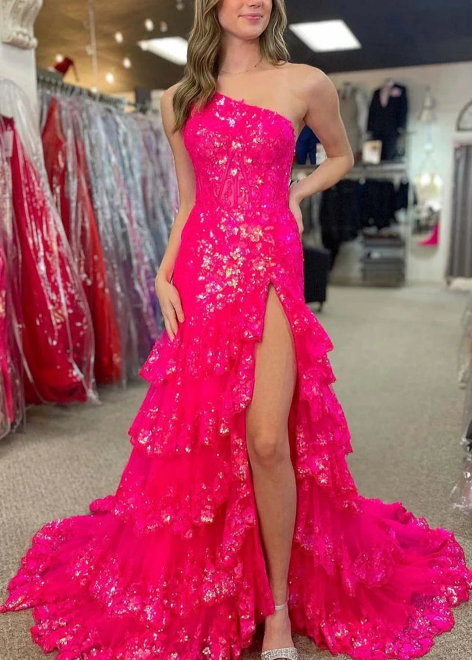 Dorothy |Mermaid One Shoulder Tiered Red Lace Long Prom Dress With Slit - Fuchsia - US0 - PromDressClub