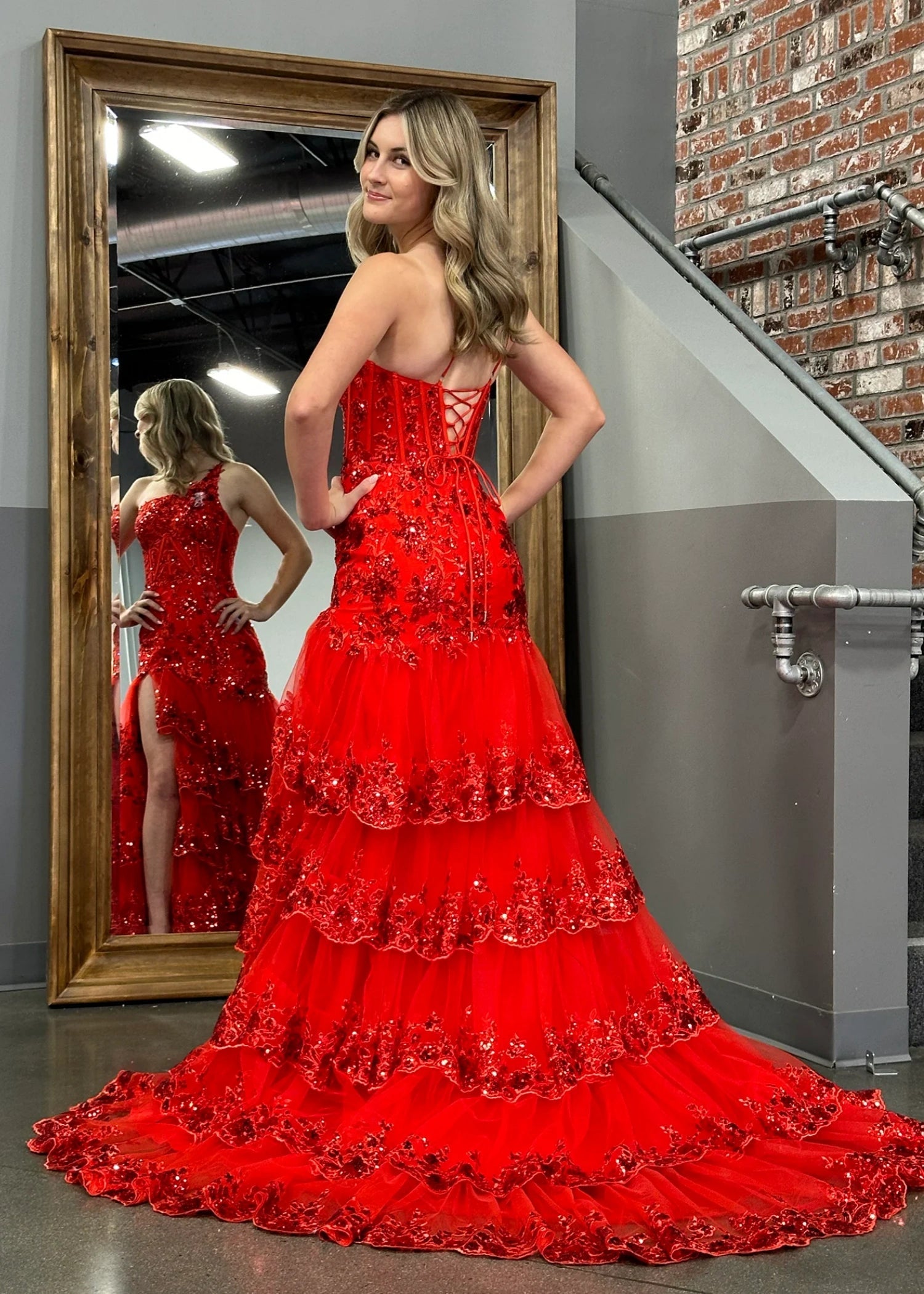 Dorothy |Mermaid One Shoulder Tiered Red Lace Long Prom Dress With Slit - Red - US0 - PromDressClub