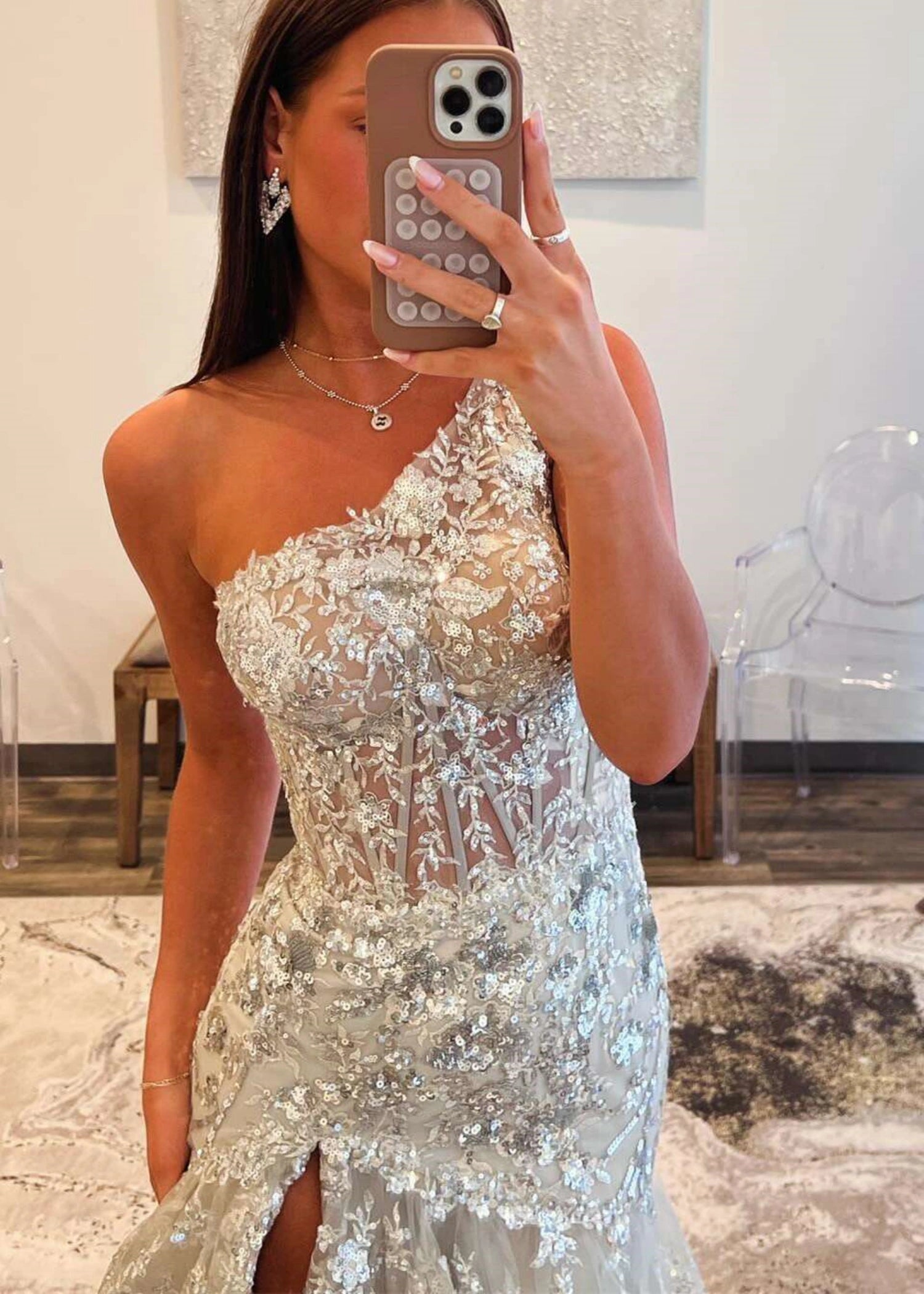 Dorothy |Mermaid One Shoulder Tiered Red Lace Long Prom Dress With Slit - Silver - US0 - PromDressClub