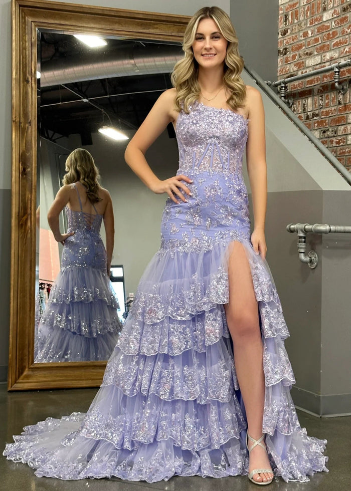 Dorothy | Red Lavender Mermaid One Shoulder Sequin Formal Dresses with Ruffles - Lavender - PromDressClub