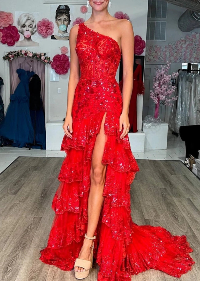 Dorothy | Red Lavender Mermaid One Shoulder Sequin Formal Dresses with Ruffles - Red - PromDressClub