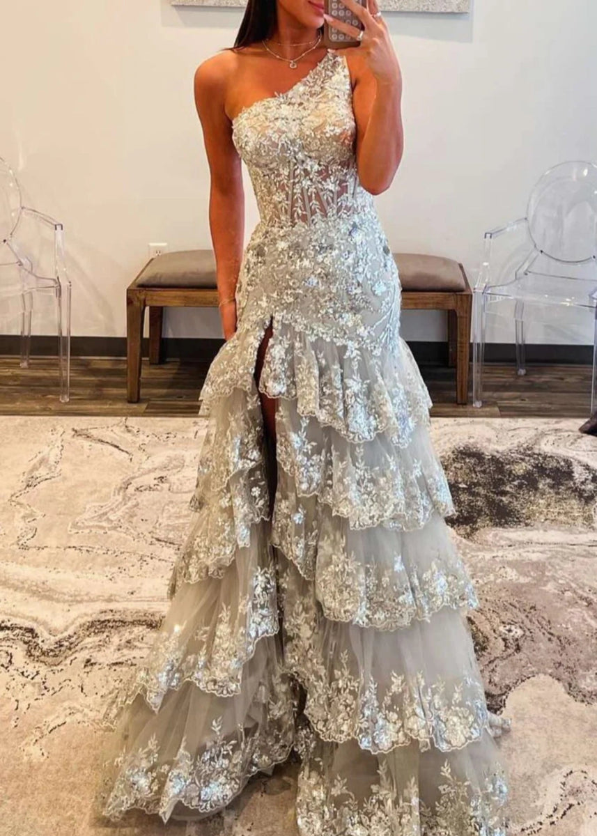 Dorothy | Red Lavender Mermaid One Shoulder Sequin Formal Dresses with Ruffles - Silver - PromDressClub