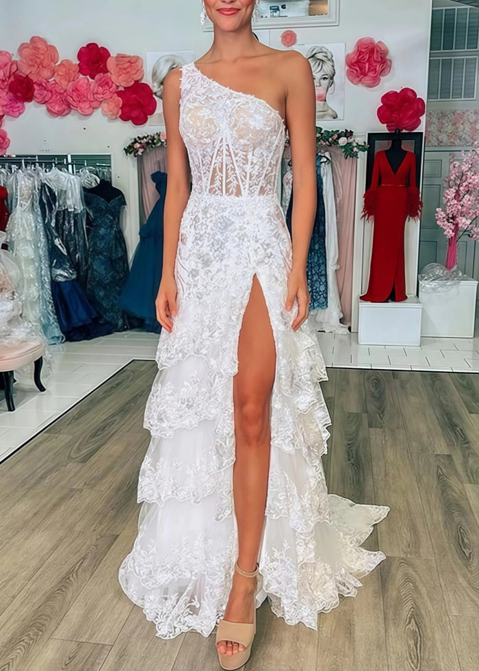 Dorothy | Red Lavender Mermaid One Shoulder Sequin Formal Dresses with Ruffles - White - PromDressClub