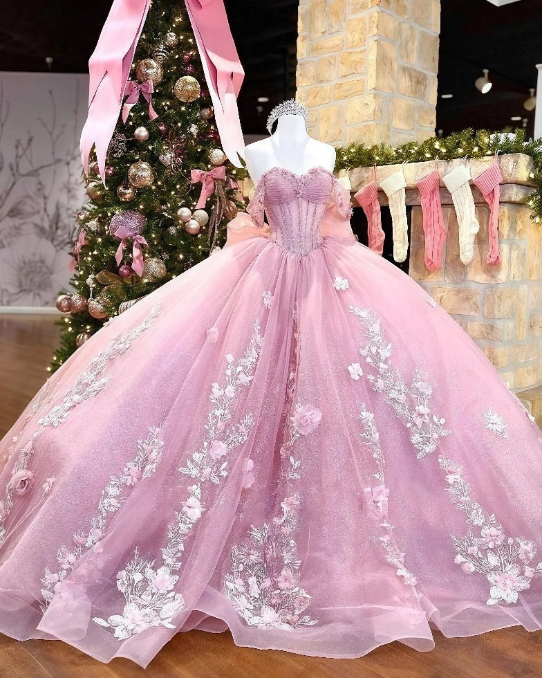 Drew | Gorgeous Light Pink Off the Shoulder Flower Quinceanera Dresses with Big Bow - Light Pink - PromDressClub