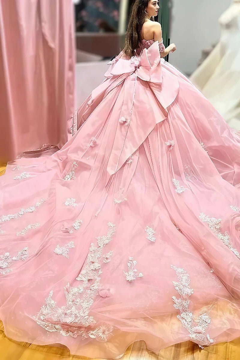 Drew | Gorgeous Light Pink Off the Shoulder Flower Quinceanera Dresses with Big Bow - Light Pink - PromDressClub