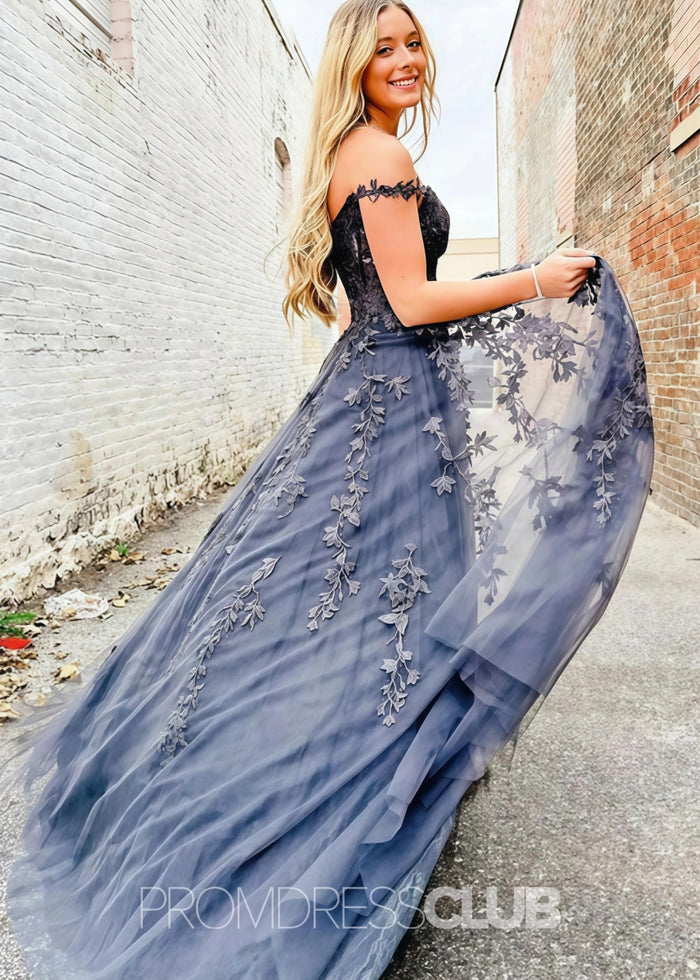 Eartha |Long Navy Blue Prom Dress Lace Tulle With A Line Sweetheart 3D Flower Slit - Navy Blue - PromDressClub