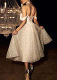 Eden | Sparkly Sweetheart Backless A - Line Ivory Sequin Midi Wedding Dress with Spaghetti Straps - Ivory - PROMDRESS Club