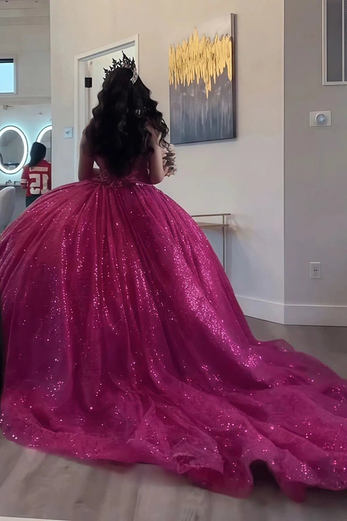 Edith | Gorgeous Glitter Fuchsia Sequin Quinceanera Dresses Near Me for Memorable Celebrations - Fuchsia - PromDressClub