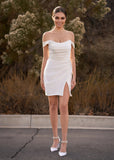 Eileen | Simple Cowl Neck Pleated Short/Mini White Satin Wedding dress with Slit and Off the Shoulder - White - PROMDRESS Club