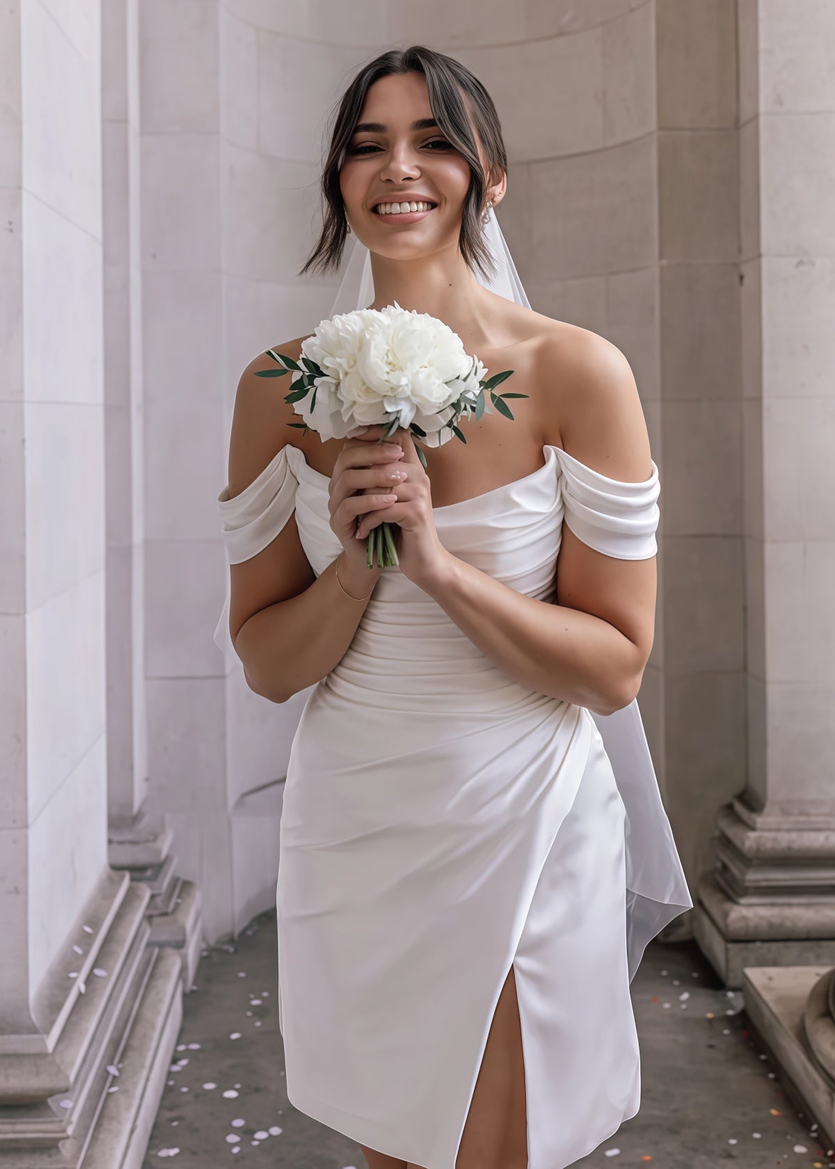 Eileen | Simple Cowl Neck Pleated Short/Mini White Satin Wedding dress with Slit and Off the Shoulder - White - PROMDRESS Club