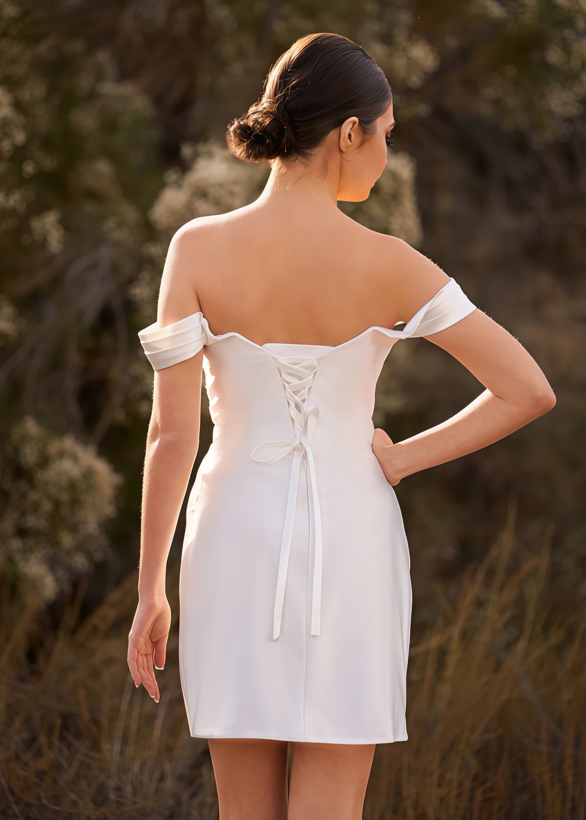 Eileen | Simple Cowl Neck Pleated Short/Mini White Satin Wedding dress with Slit and Off the Shoulder - White - PROMDRESS Club