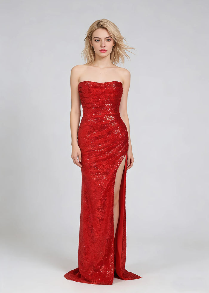 Eira Red Sparkly Prom Dress | Sheath Strapless Sweet Train Sequin Cokctail Dress with Slit - Red - PromDressClub