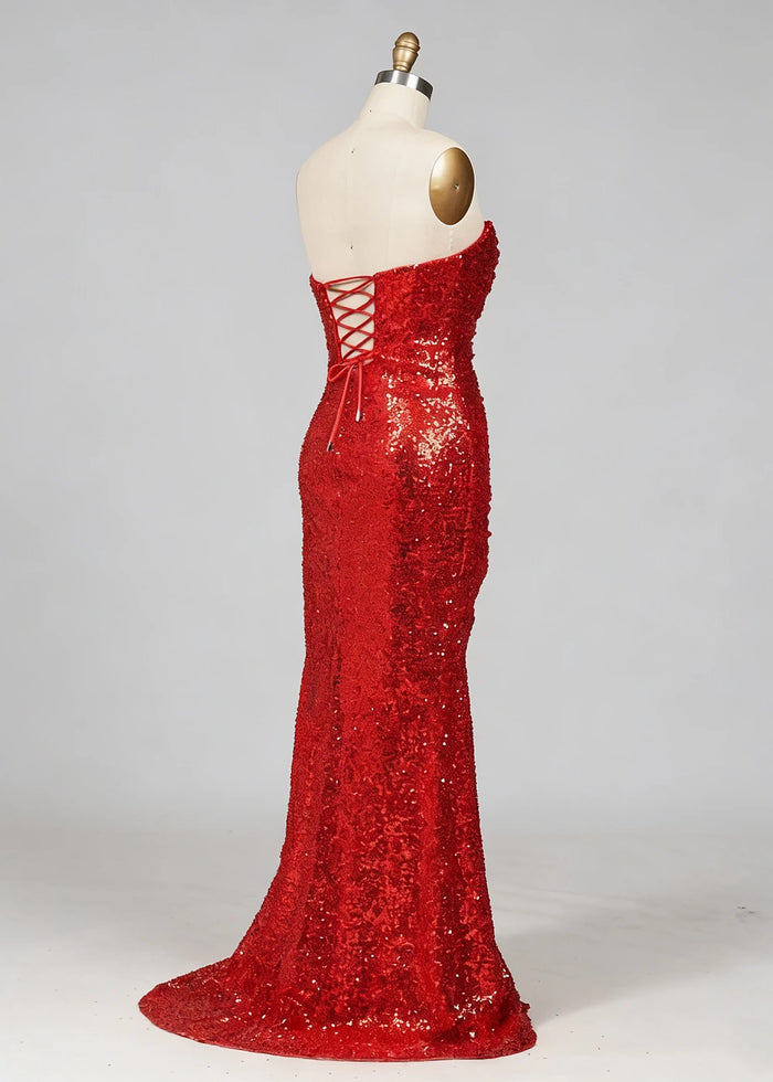 Eira Red Sparkly Prom Dress | Sheath Strapless Sweet Train Sequin Cokctail Dress with Slit - Red - PromDressClub