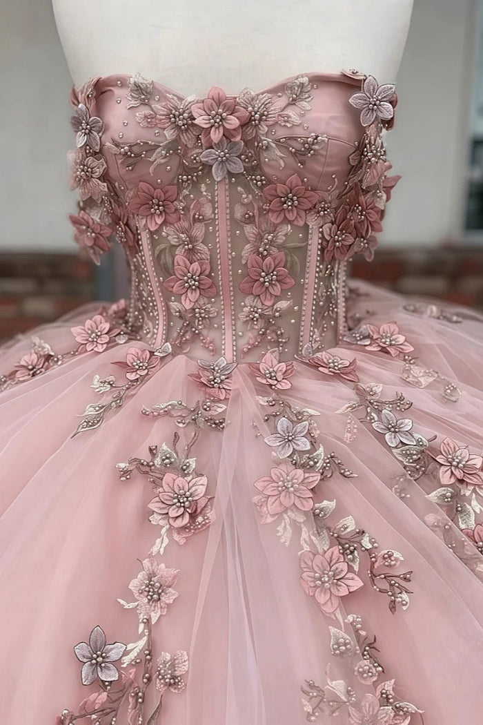 Elaine | Gorgeous Pink 3D Flower Embellished Quinceanera Dresses - Elegant & Dreamy - Pink - PromDressClub