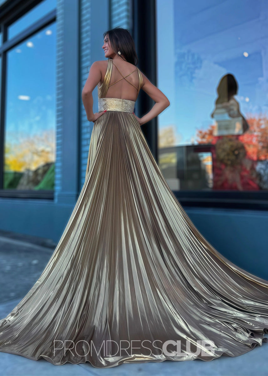 Elaine |Long Gold Prom Dress Metallis With Pleated Criss Cross Straps Slit - Gold - PromDressClub