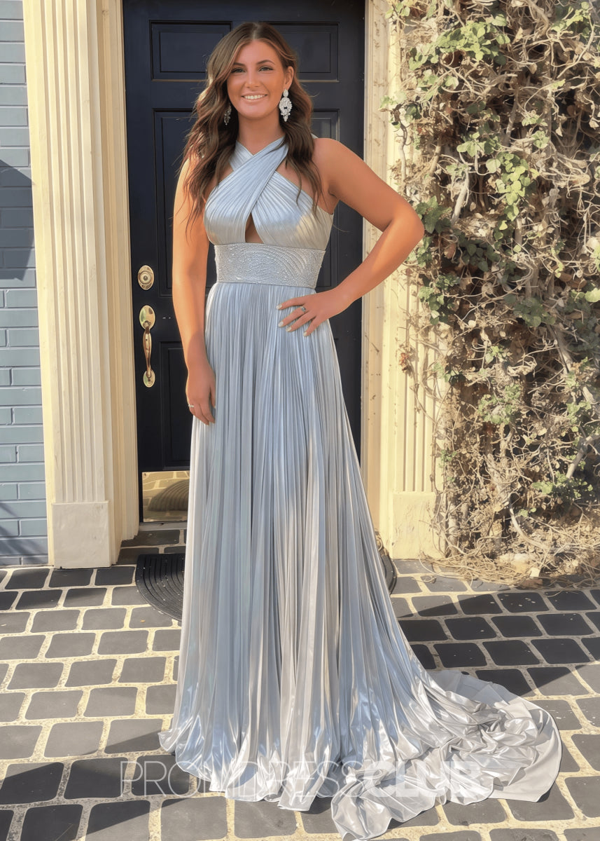 Elaine |Long Gold Prom Dress Metallis With Pleated Criss Cross Straps Slit - Silver - PromDressClub