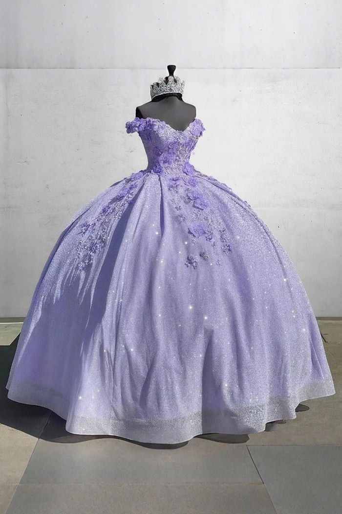 Eleanor | Gorgeous Lavender Lace Flower Quinceanera Dresses Off the Shoulder for Memorable Occasions - Lavender - PromDressClub