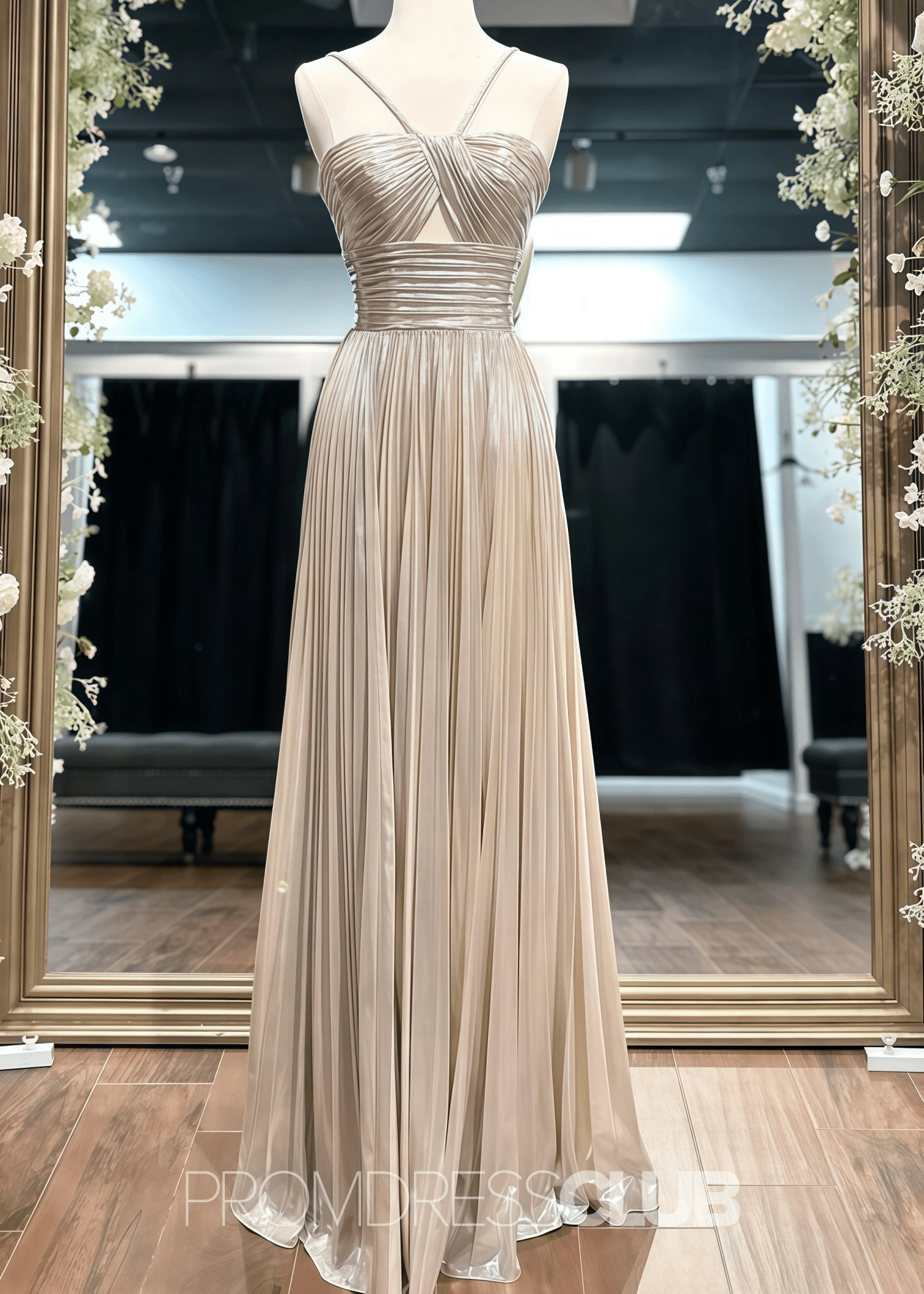 Eleanore |Long Gold Prom Dress Metallic With Spaghetti Strap Slit - Champagne - US0 - PromDressClub