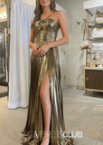 Eleanore |Long Gold Prom Dress Metallic With Spaghetti Strap Slit - Gold - US0 - PromDressClub