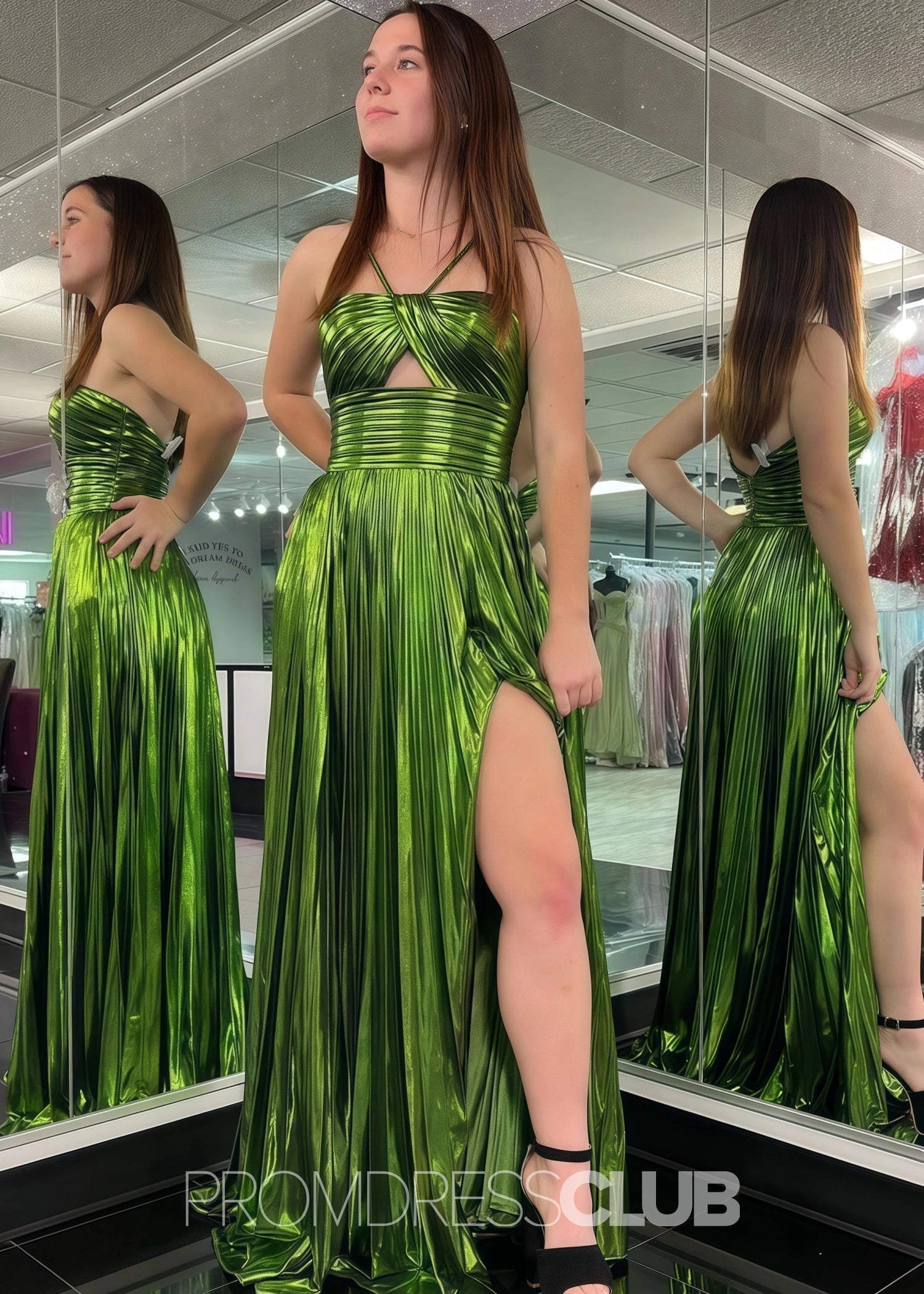 Eleanore |Long Gold Prom Dress Metallic With Spaghetti Strap Slit - Green - US0 - PromDressClub