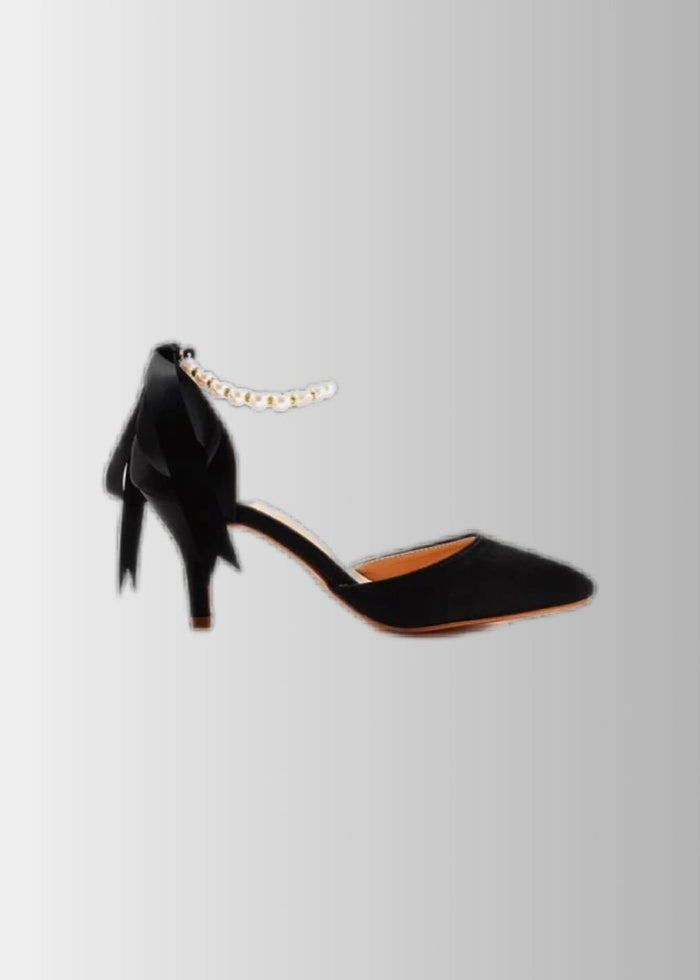 Elegant Satin Heels - Dark Green and White Pointed Toe Pearl Strap Heels for Every Occasion - Black - PromDressClub