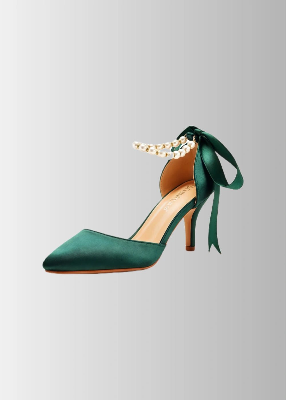 Elegant Satin Heels - Dark Green and White Pointed Toe Pearl Strap Heels for Every Occasion - Dark Green - PromDressClub