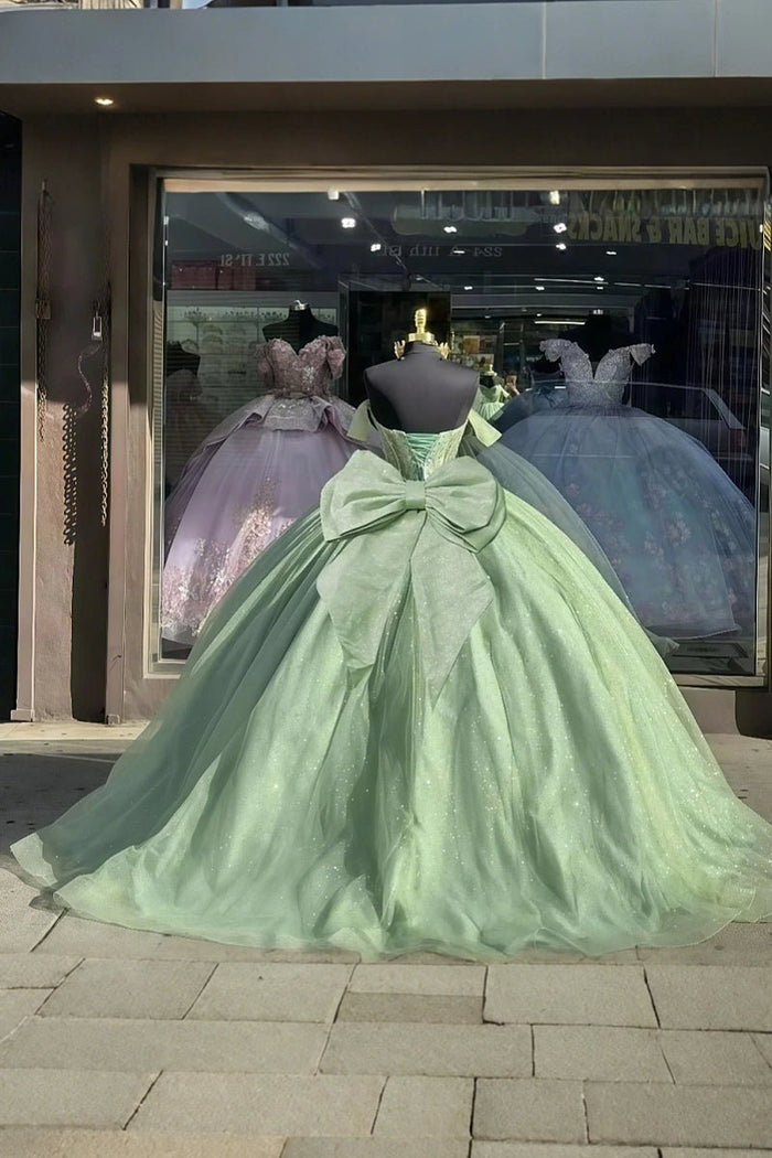 Elena | Gorgeous Glitter Sage Green Quinceanera Dresses with Big Bow - Sage - PromDressClub