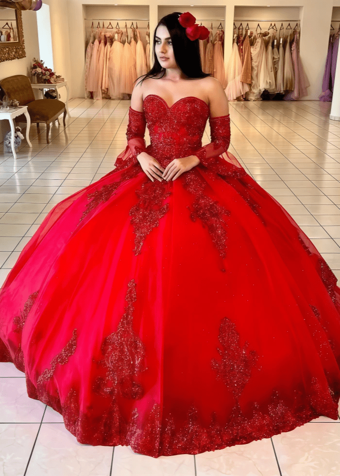 Elise | Gorgeous Red Long Sleeve Quinceanera Dresses with Ruffles - Red - PromDressClub
