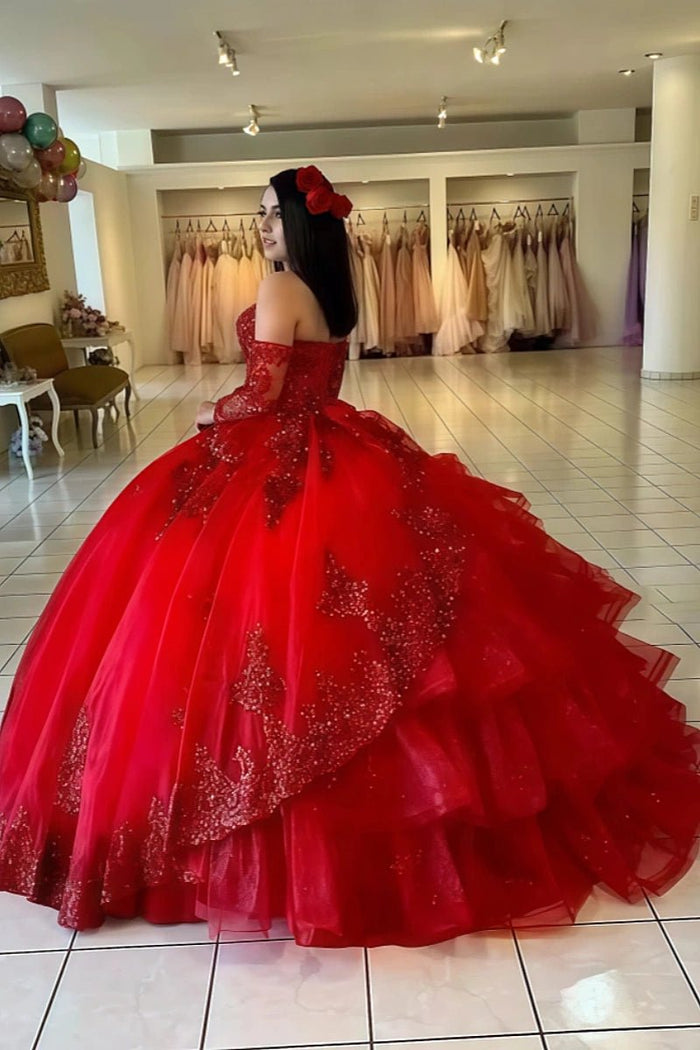Elise | Gorgeous Red Long Sleeve Quinceanera Dresses with Ruffles - Red - PromDressClub