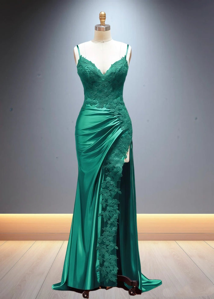 Eliy | Sheath Lace Appliques Satin Corser Black Formal Dress with Slit - Emerald Green - PromDressClub
