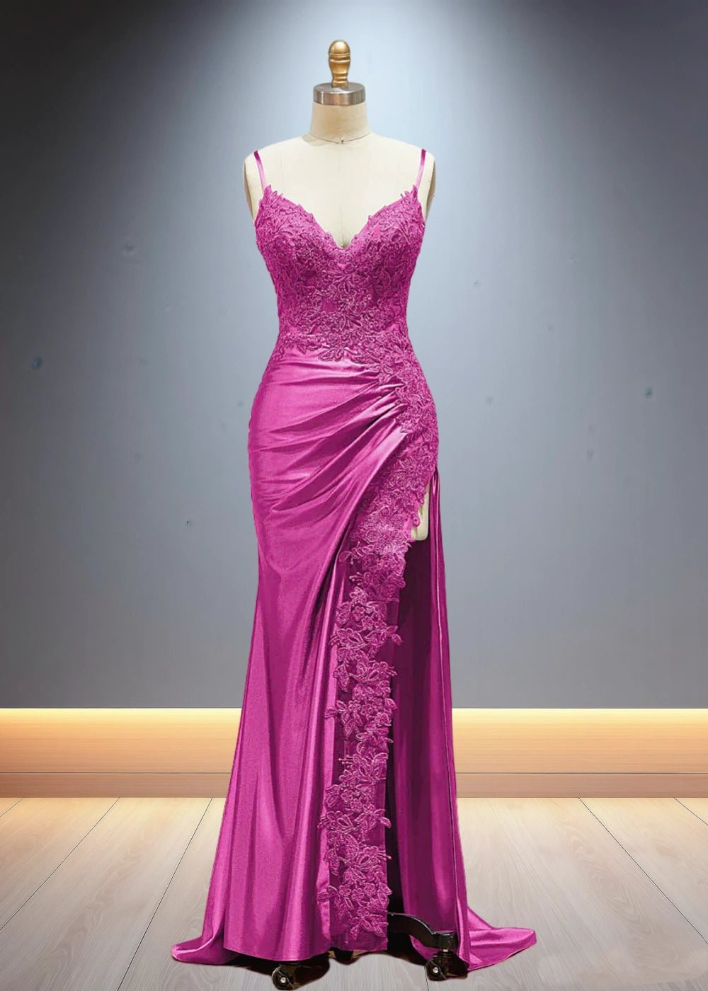Eliy | Sheath Lace Appliques Satin Corser Black Formal Dress with Slit - Fuchsia - PromDressClub