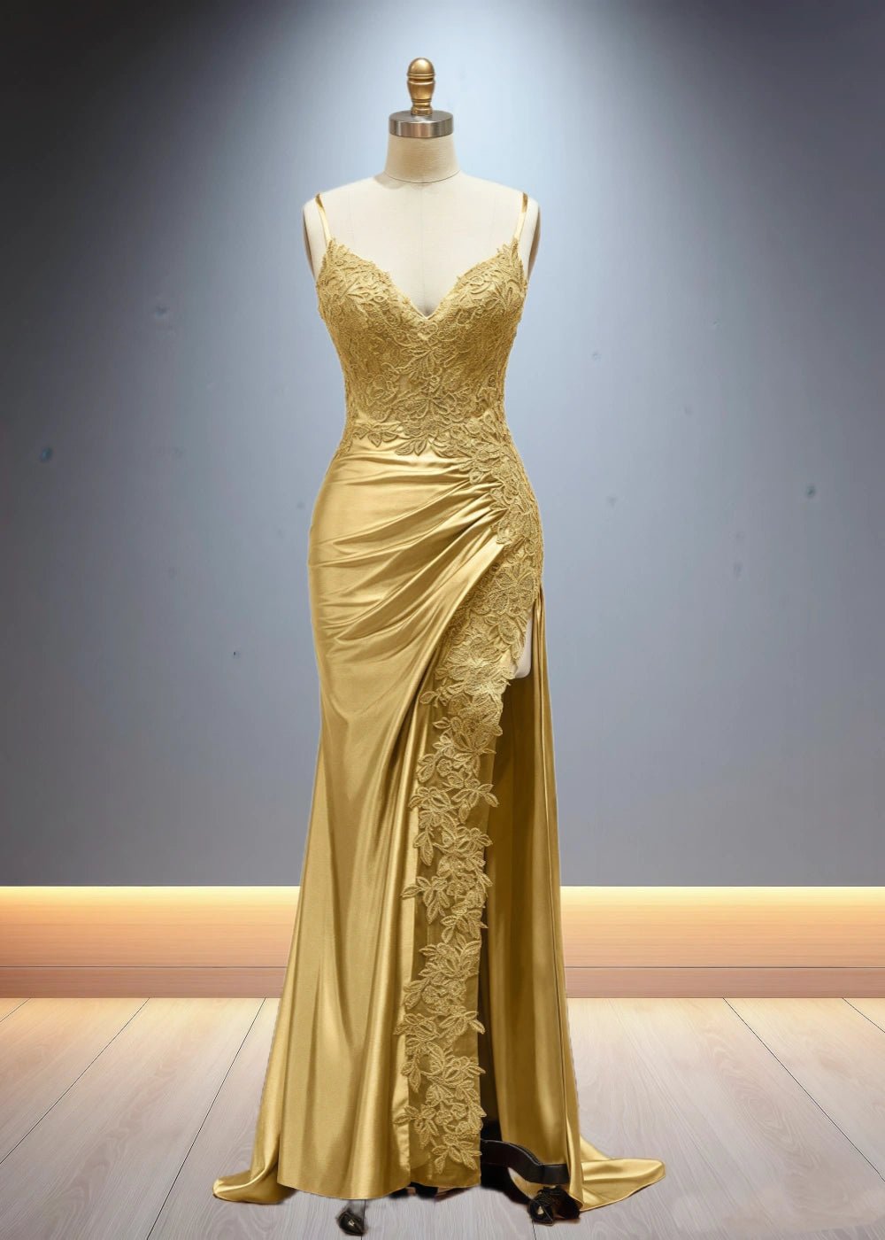 Eliy | Sheath Lace Appliques Satin Corser Black Formal Dress with Slit - Gold - PromDressClub