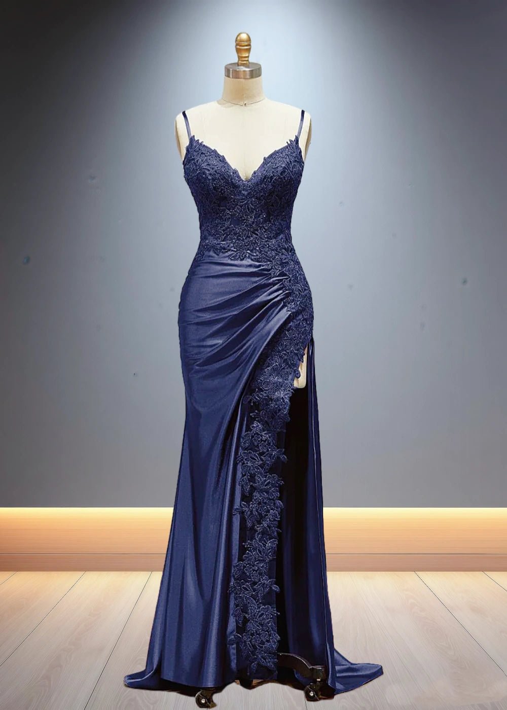 Eliy | Sheath Lace Appliques Satin Corser Black Formal Dress with Slit - Navy Blue - PromDressClub