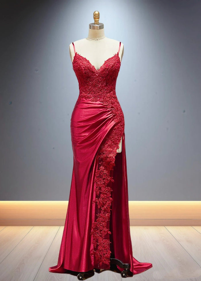 Eliy | Sheath Lace Appliques Satin Corser Black Formal Dress with Slit - Red - PromDressClub