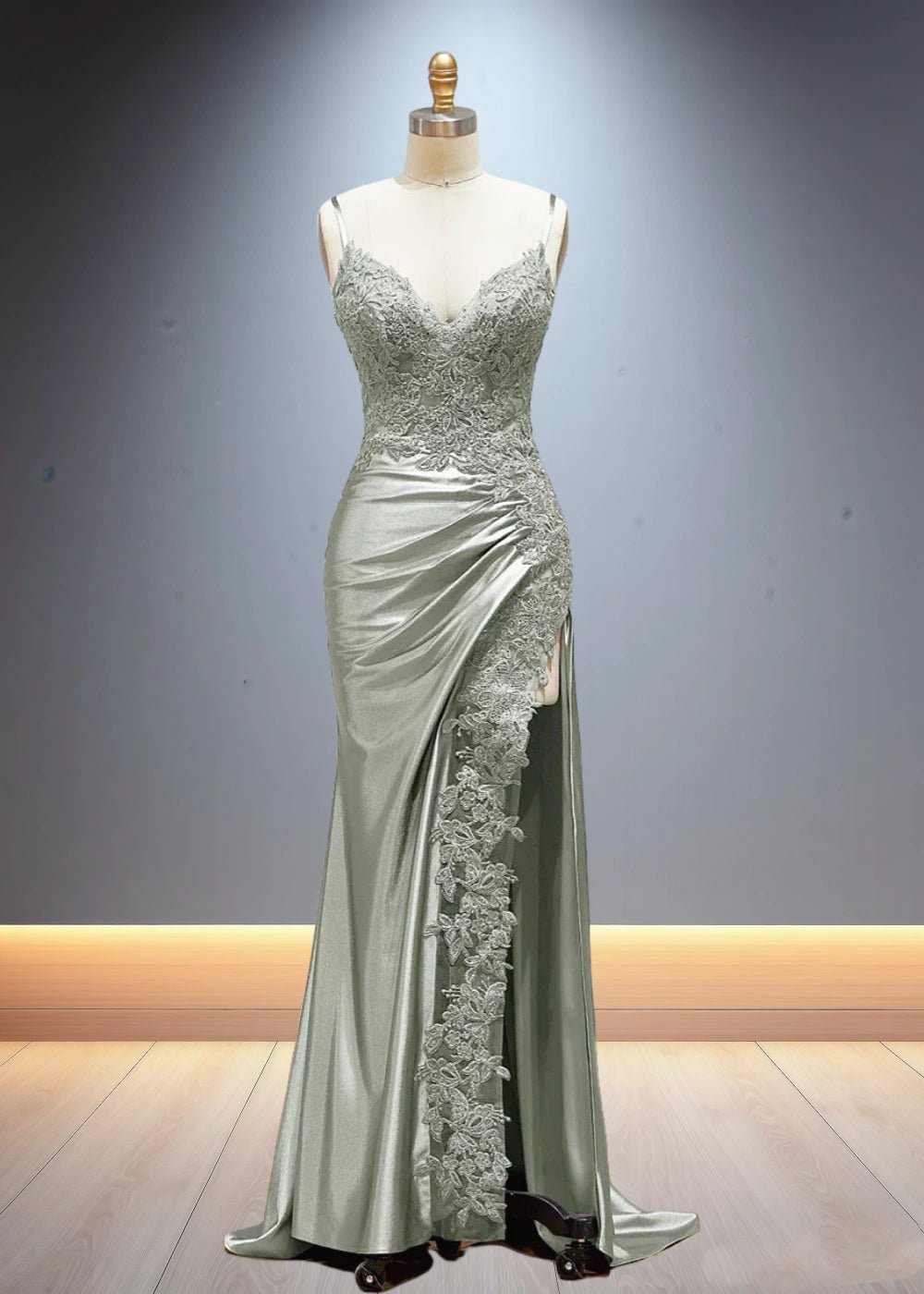 Eliy | Sheath Lace Appliques Satin Corser Black Formal Dress with Slit - Sage - PromDressClub