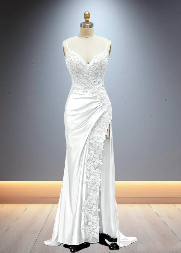 Eliy | Sheath Lace Appliques Satin Corser Black Formal Dress with Slit - White - PromDressClub