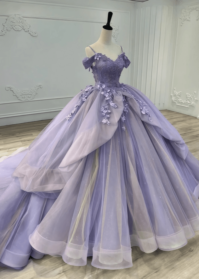 Eliza | Exquisite Lavender Flower Embellished Quinceanera Dresses Off the Shoulder - Lavender - PromDressClub