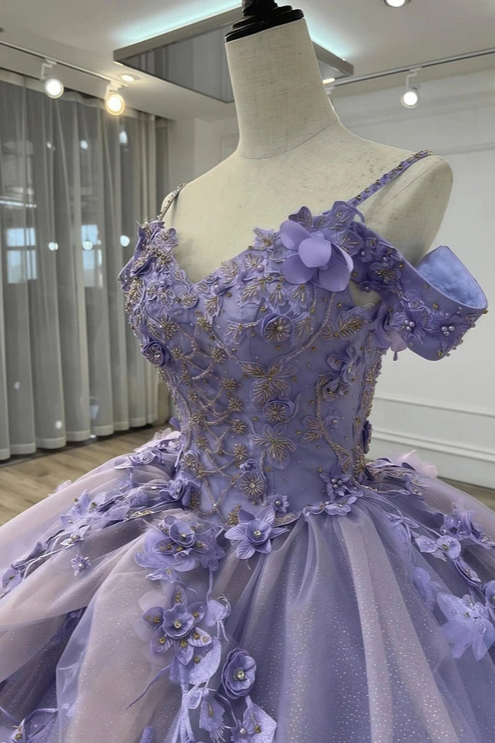 Eliza | Exquisite Lavender Flower Embellished Quinceanera Dresses Off the Shoulder - Lavender - PromDressClub