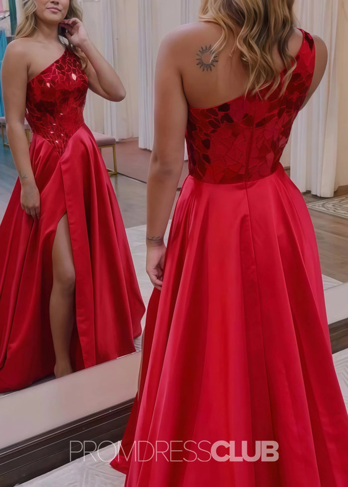 Elizabeth |Long Red Prom Dress Sequins With A Line One Shoulder Slit - Red - PromDressClub