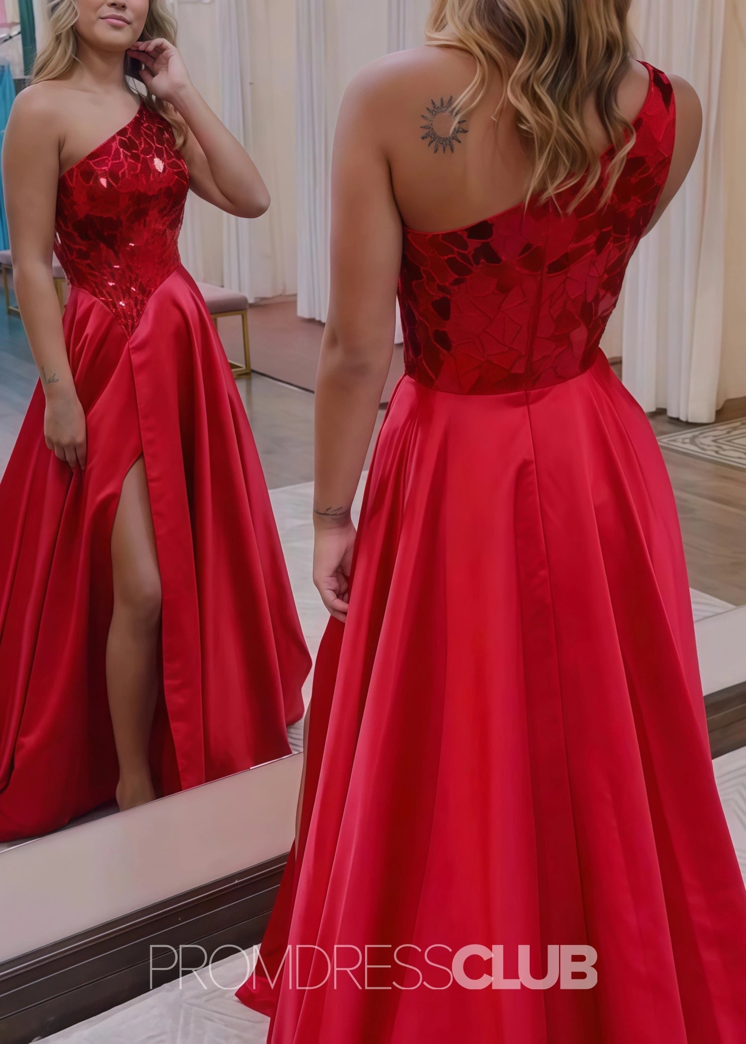 Elizabeth |Long Red Prom Dress Sequins With A Line One Shoulder Slit - Red - US0 - PromDressClub