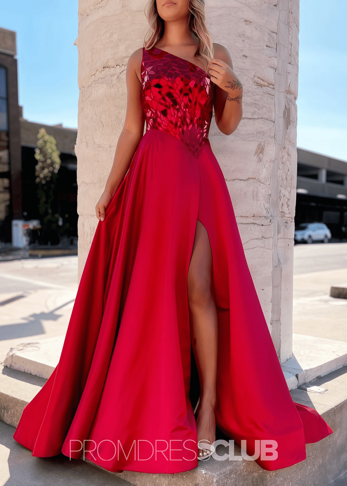 Elizabeth |Long Red Prom Dress Sequins With A Line One Shoulder Slit - Red - US0 - PromDressClub