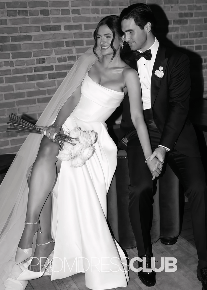 Ella |Beach White Simple Wedding Dresses Mermaid Strapless Satin with Slit - White - PromDressClub