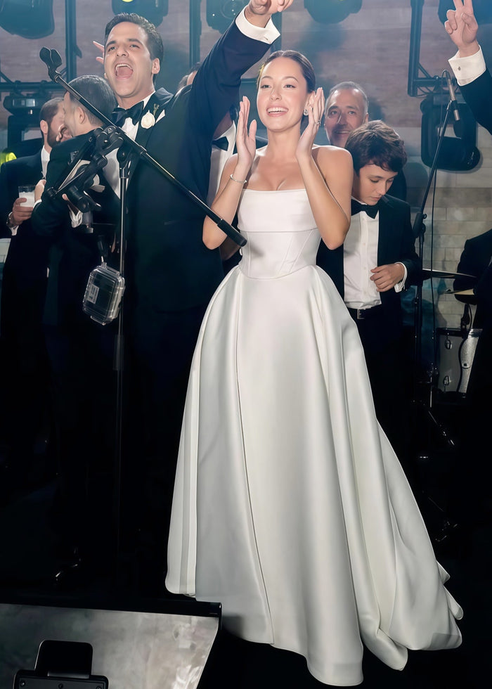 Ella | Classic A - Line Strapless Corset Backless Long White Satin Wedding Dress with Slit and Court Train - Price #price_variant_lowest# - White - PromDressClub