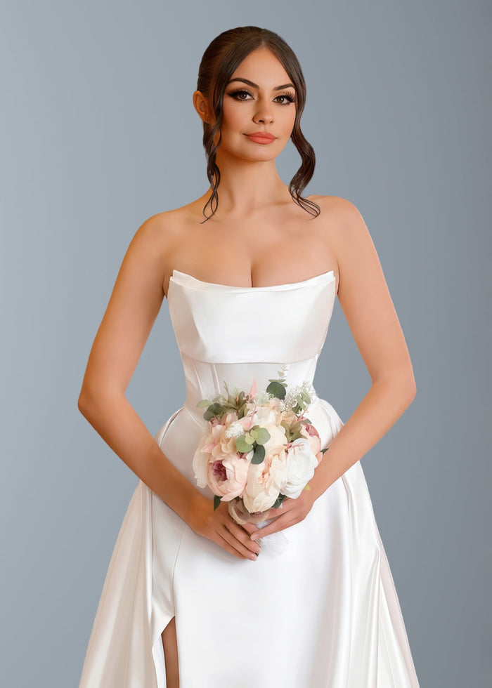 Ella | Classic A - Line Strapless Corset Backless Long White Satin Wedding Dress with Slit and Court Train - Price #price_variant_lowest# - White - PromDressClub