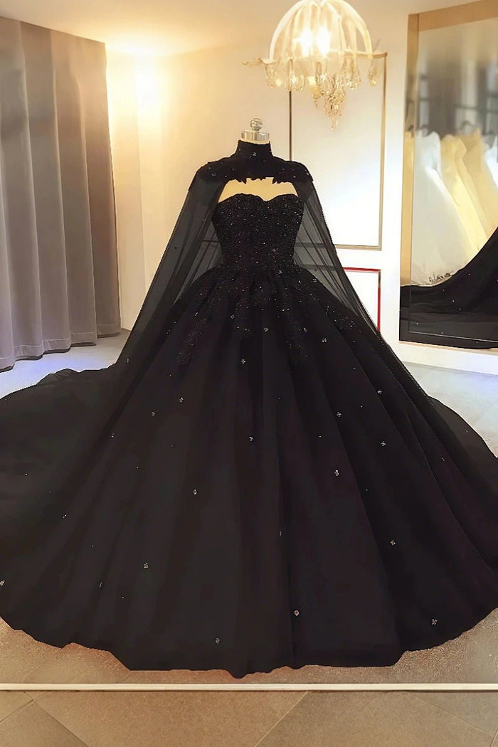 Ella | Gorgeous Sparkling Ball Gown Strapless Red Quinceanera Dresses with Cape - Available in Multiple Colors! - Black - PromDressClub
